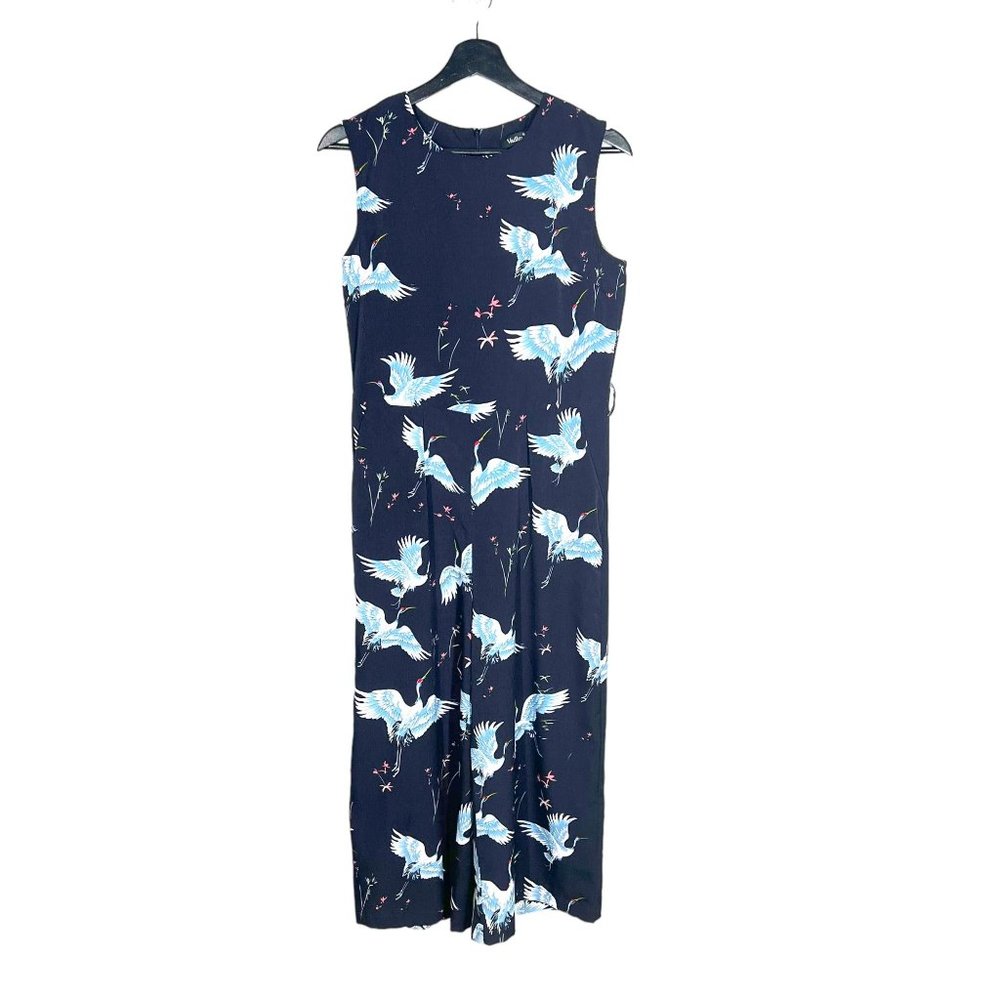 Vadim Navy Blue Crane Print Sleeveless Wide Leg Jumpsuit Medium